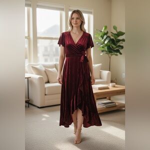 Altar'd State Burgundy Velvet Wrap Maxi Dress Holiday Cocktail Evening